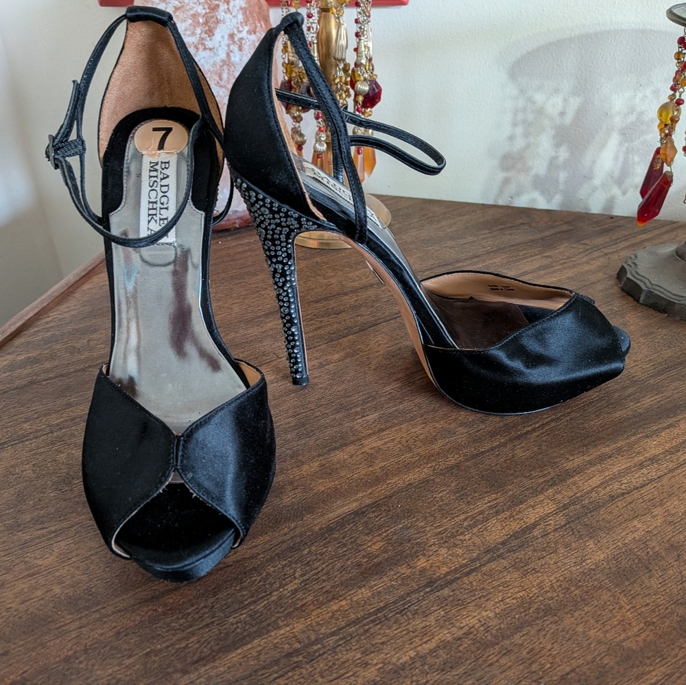 Badgley Mishka Black Satin Peep Toe Rhinestone Stiletto Heels - Picture 2 of 11